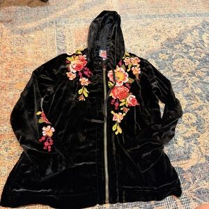 Johnny Was Zip Jacket Silk Velvet Malui Black Floral Embroidered Snake small